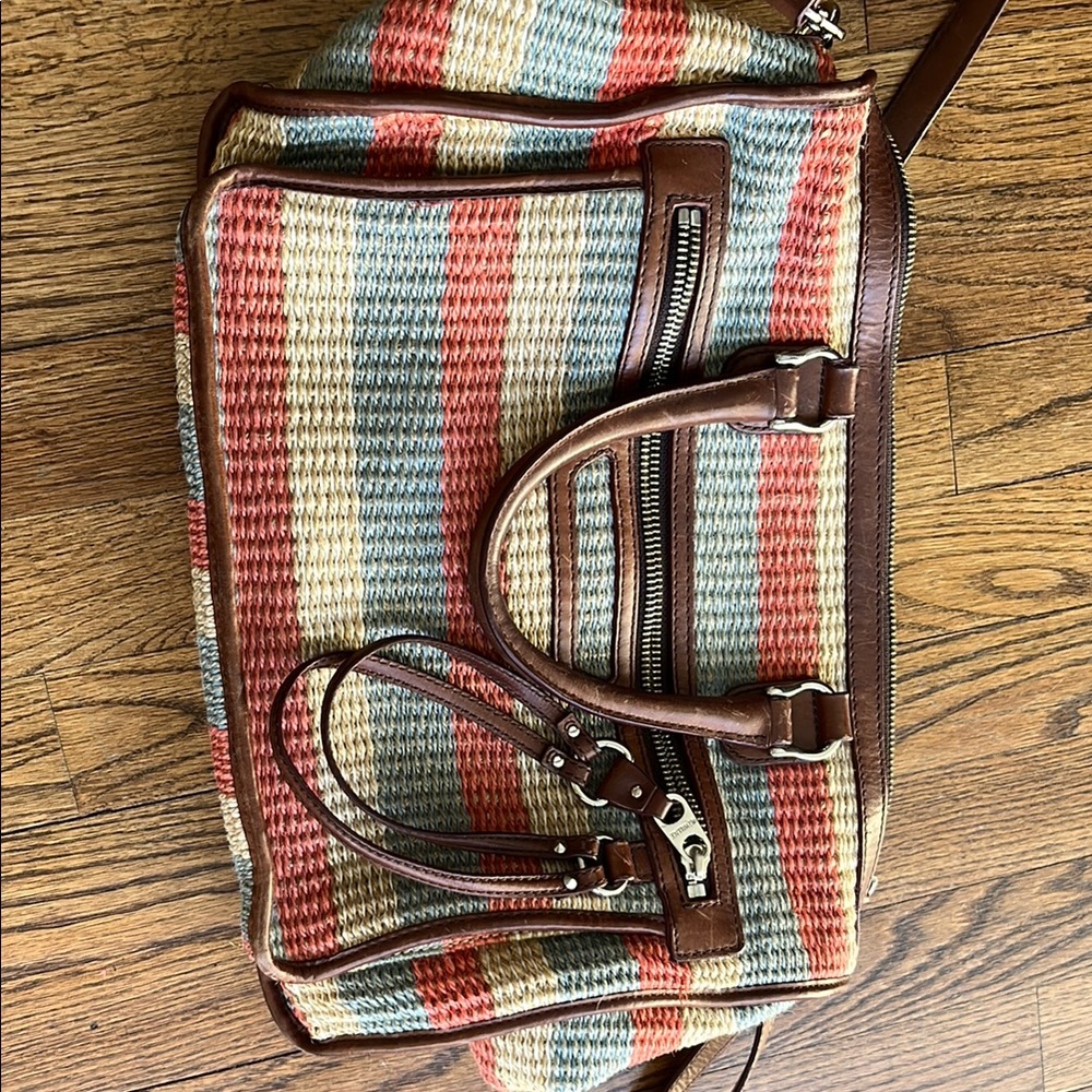 MzWallace Striped Woven Tote Bag with Brown Leather Accents